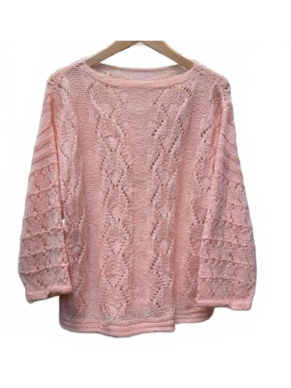 Vintage Style Handmade Pink Open-Knit Pointelle Boatneck Sweater Med